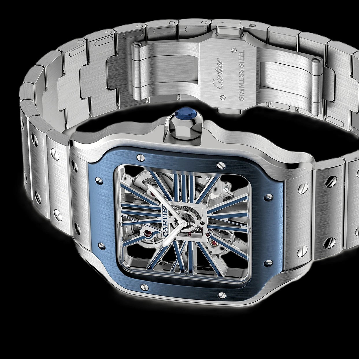 Cartier Santos Skeleton - Silver + Blue