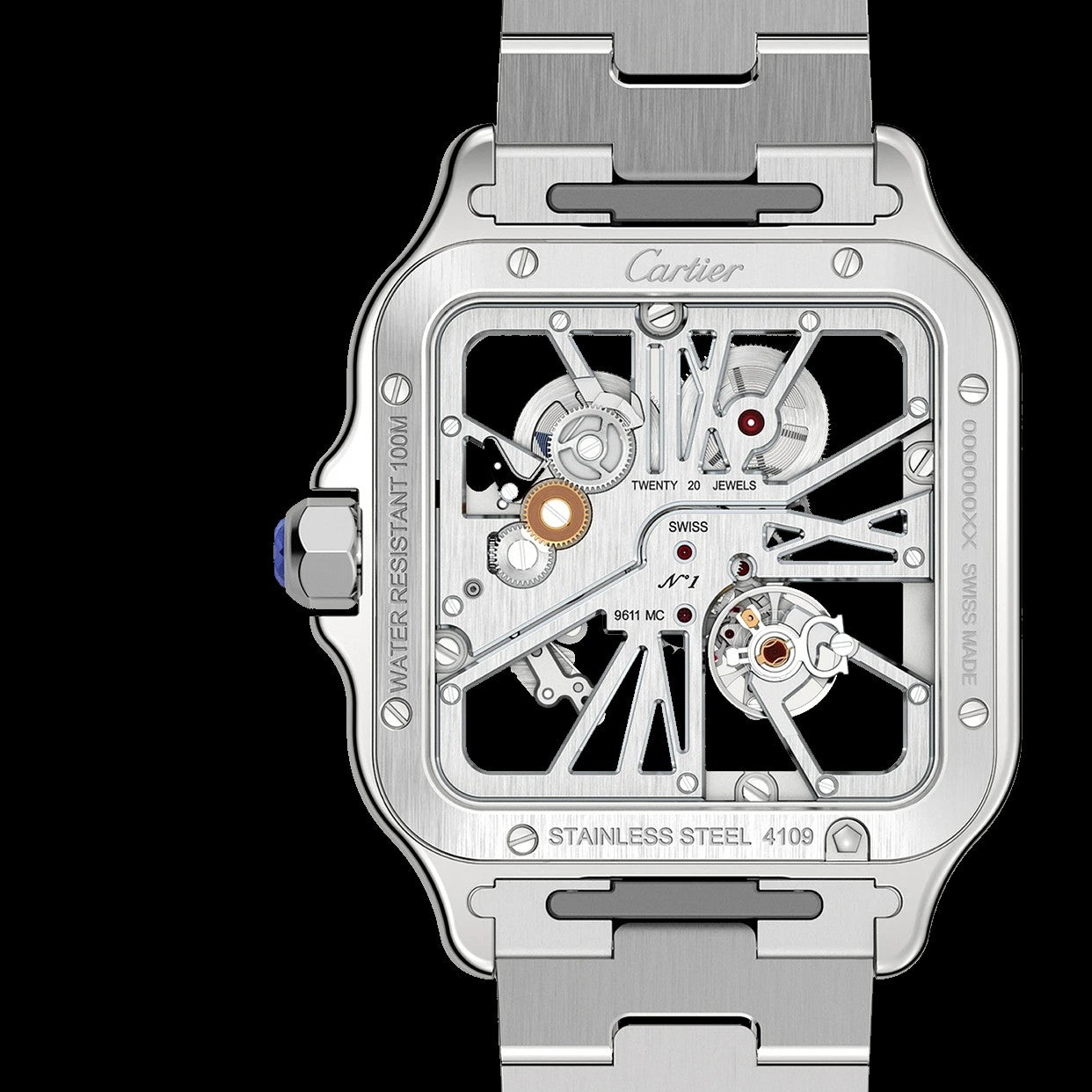 Cartier Santos Skeleton - Silver + Blue Hands