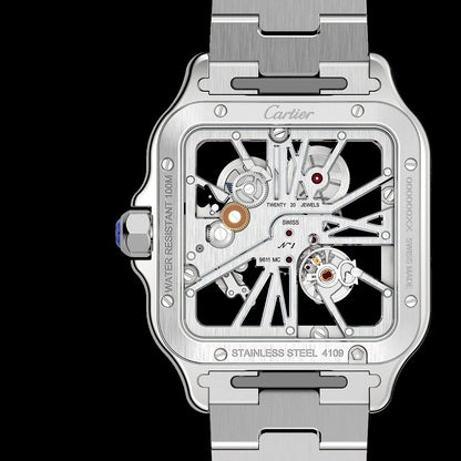 Cartier Santos Skeleton - Silver + Blue Hands