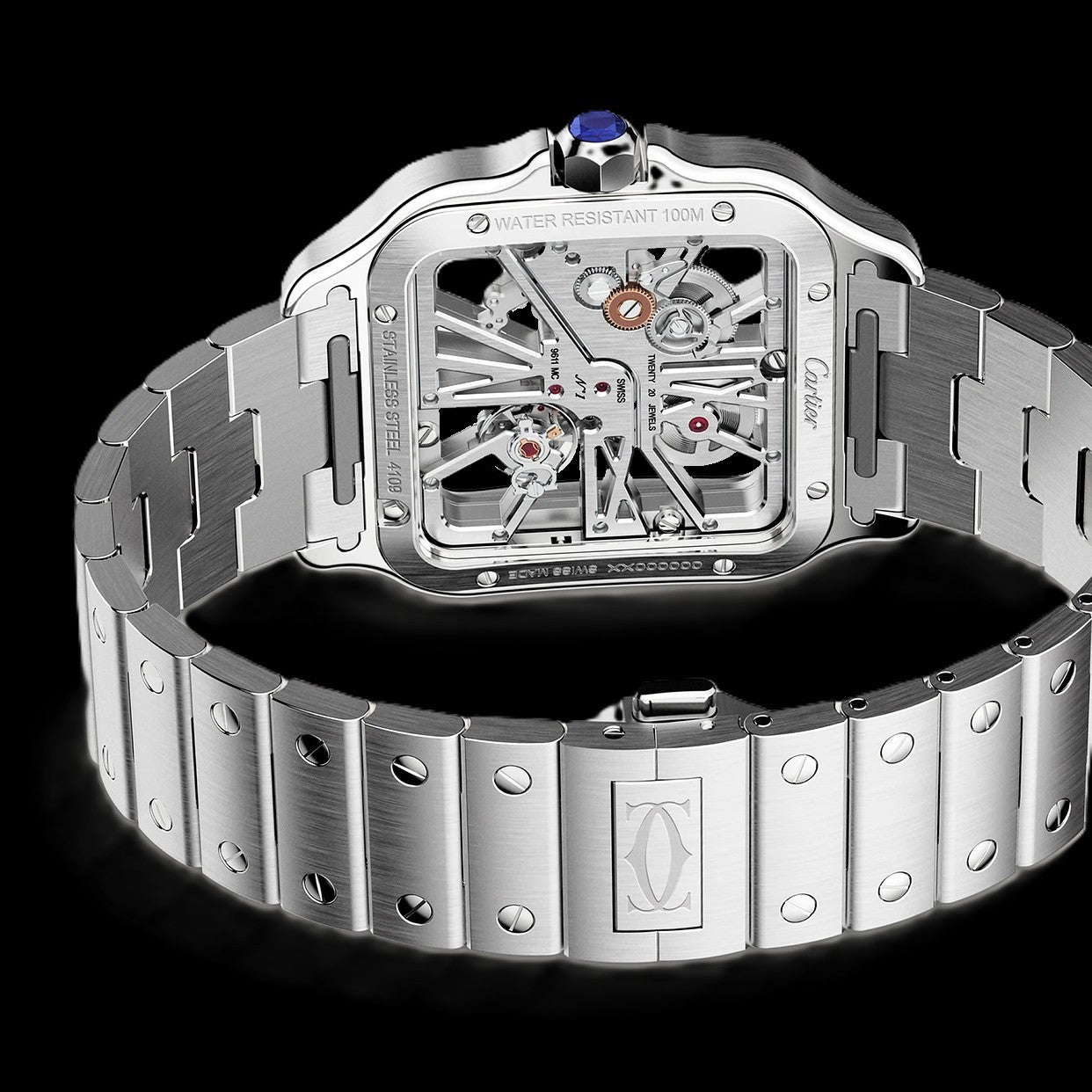 Cartier Santos Skeleton - Silver + Blue Hands
