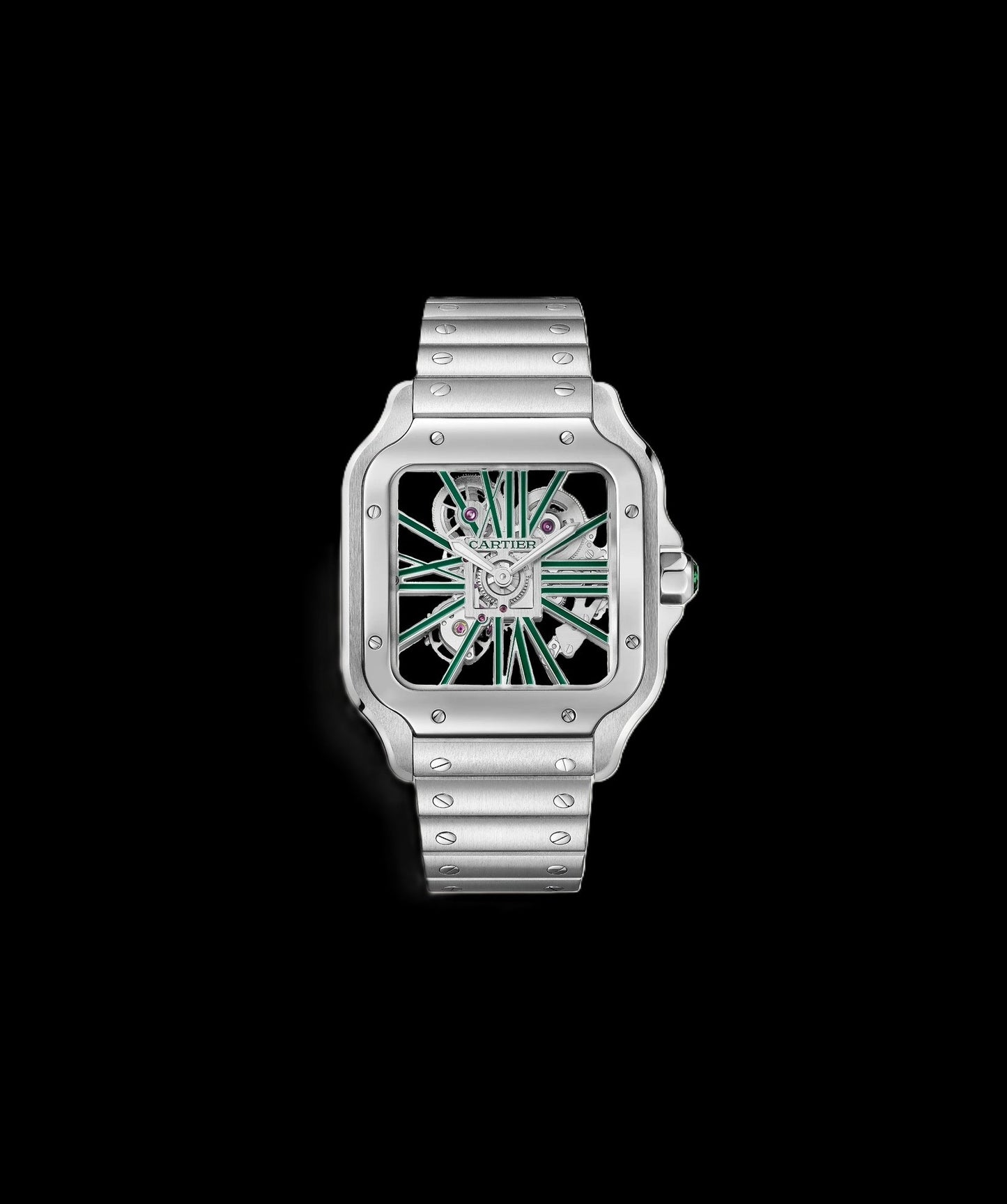 Cartier Santos Skeleton - Silver + Green Accents