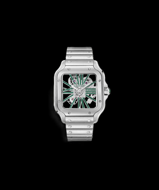Cartier Santos Skeleton - Silver + Green Accents