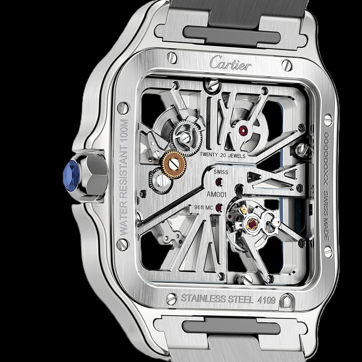 Cartier Santos Skeleton - Silver + Blue