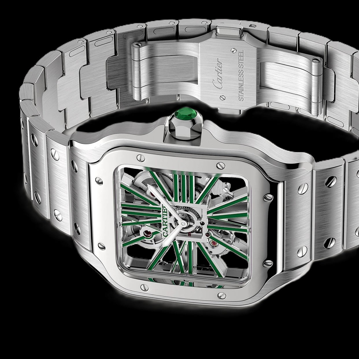 Cartier Santos Skeleton - Silver + Green Accents