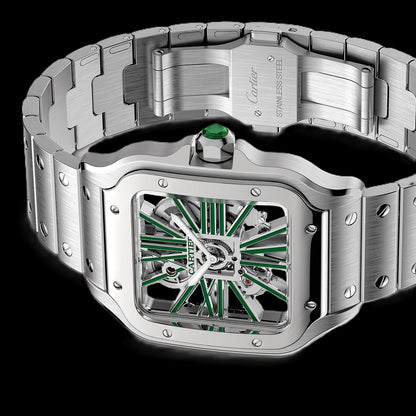 Cartier Santos Skeleton - Silver + Green Accents