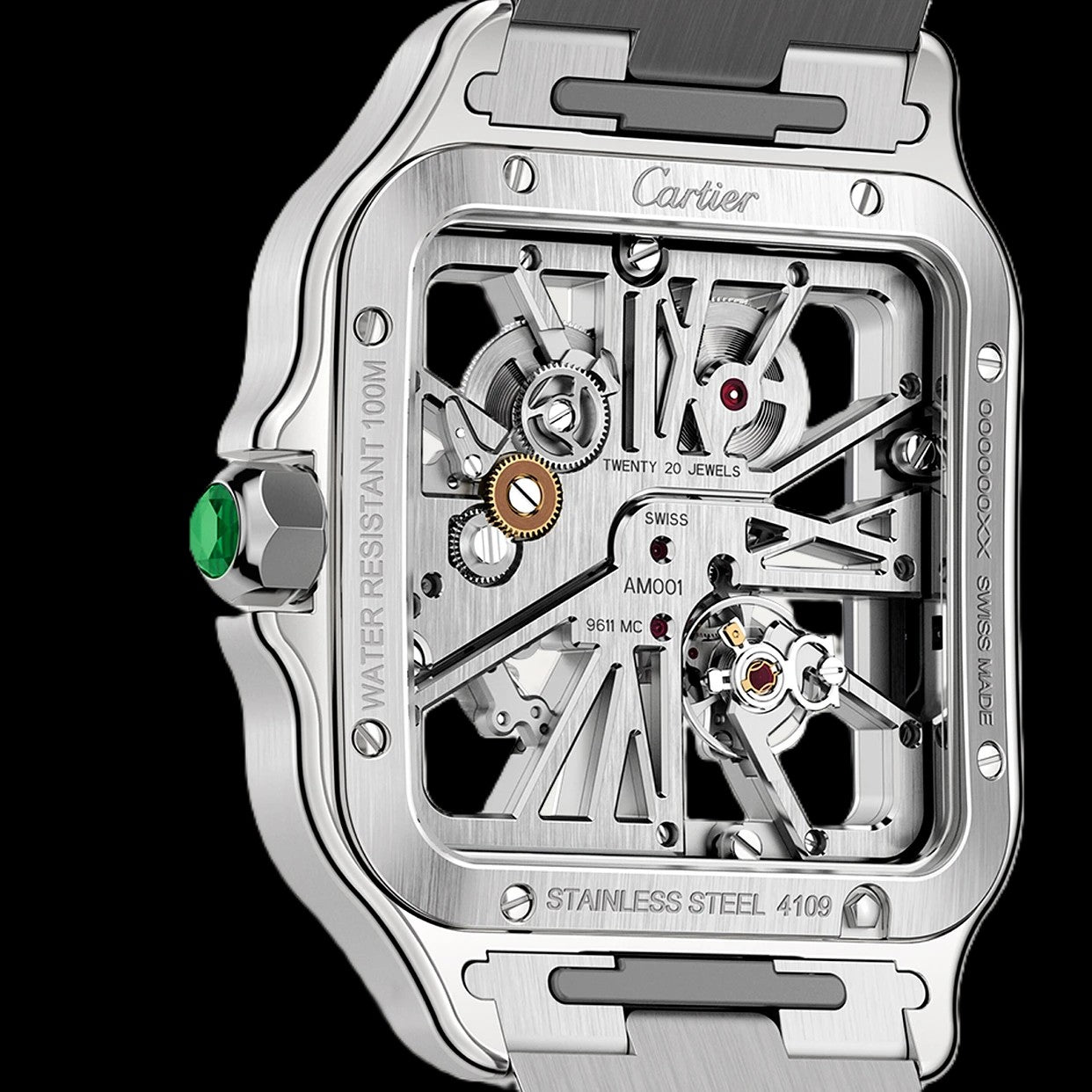 Cartier Santos Skeleton - Silver + Green Accents