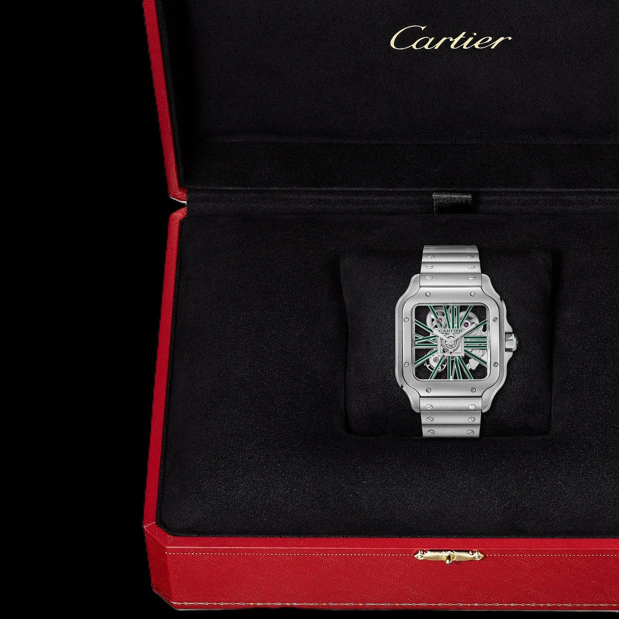 Cartier Santos Skeleton - Silver + Green Accents